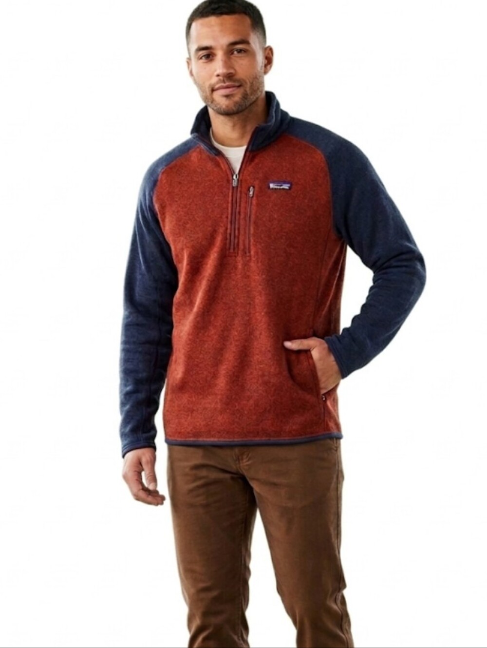 Patagonia Mens XXL Better Sweater 1/4 Zip Pullover Fleece Rust Red Navy Blue